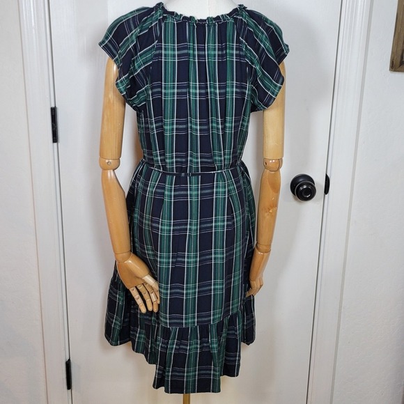 LOFT Green Plaid Tie Waist Dress Size 8 Preppy Chic Midi Ruffle Hem - Picture 9 of 11